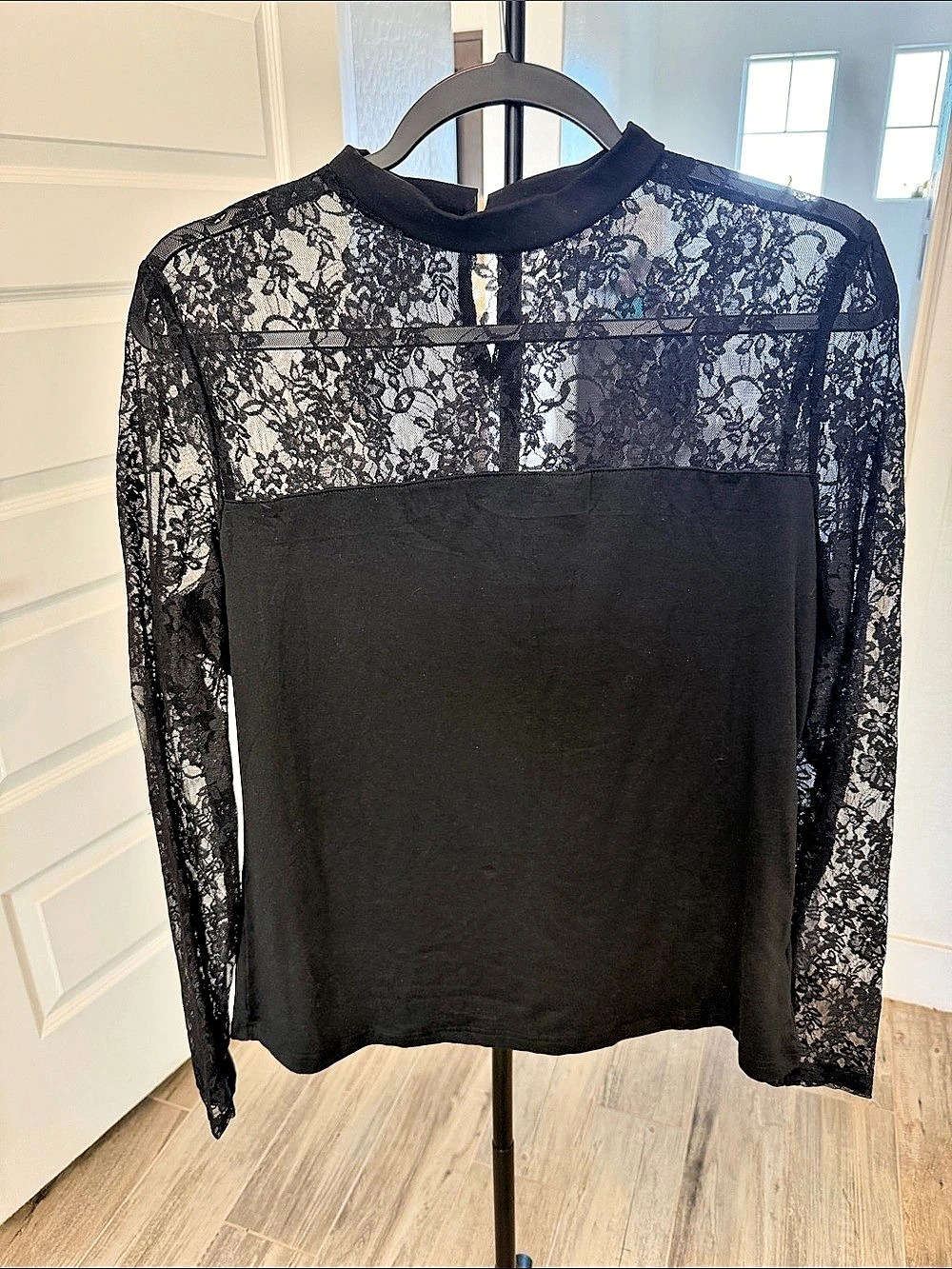 Lace Mockneck Long Sleeve Top Black